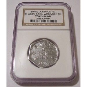1921 Wiedeville TX - C Wiede & Son Good For 10 Cents Token MS63 NGC